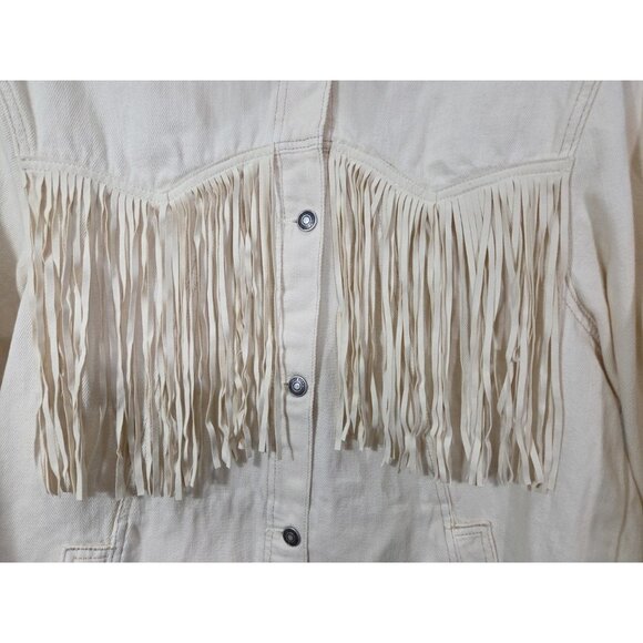 We The Free People Fringe Out Denim Jacket Ivory Western Festival Oversized Sz M - Picture 7 of 12